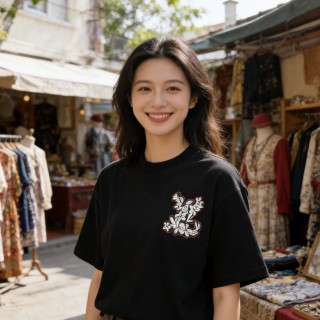 Black Botanical Graphic Short Sleeve T-Shirt view 3