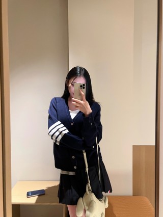 Thom Browne Navy Wool Cardigan with Signature Stripe Detail