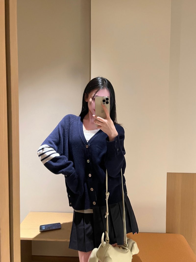 Thom Browne Navy Wool Cardigan with Signature Stripe Detail view