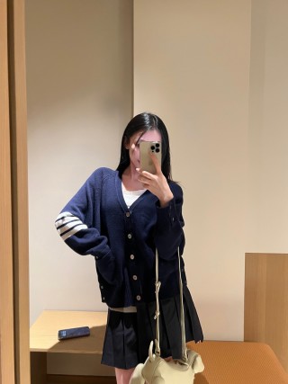 Thom Browne Navy Wool Cardigan with Signature Stripe Detail view 2