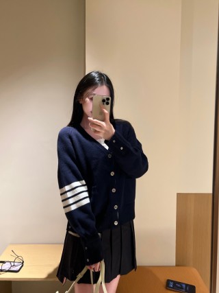 Thom Browne Navy Wool Cardigan with Signature Stripe Detail view 3