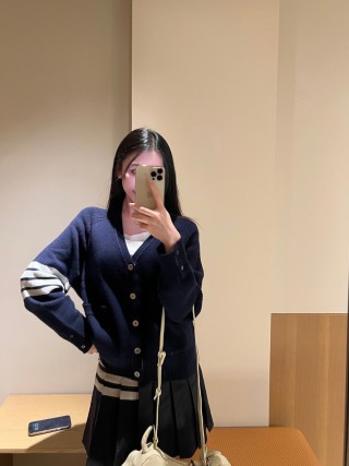Thom Browne Navy Wool Cardigan with Signature Stripe Detail view 4