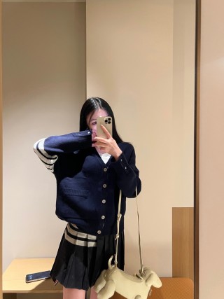 Thom Browne Navy Wool Cardigan with Signature Stripe Detail view 5