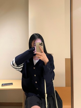 Thom Browne Navy Wool Cardigan with Signature Stripe Detail view 6