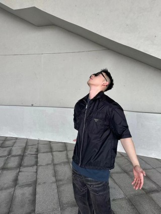 Prada Black Short-Sleeve Nylon Shirt Jacket view 6