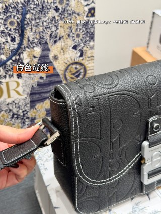 Dior Saddle Messenger Bag Black Leather White Stitching view 3