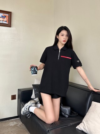 Black Oversized Polo Shirt with Red Accent Stripe view 2