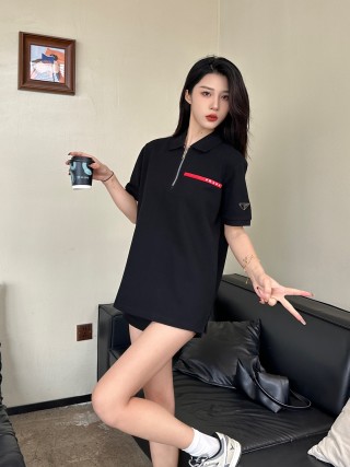 Black Oversized Polo Shirt with Red Accent Stripe view 3