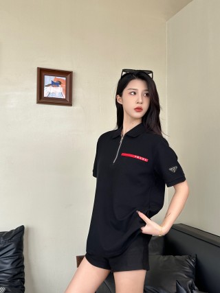 Black Oversized Polo Shirt with Red Accent Stripe view 5