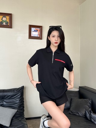 Black Oversized Polo Shirt with Red Accent Stripe view 6