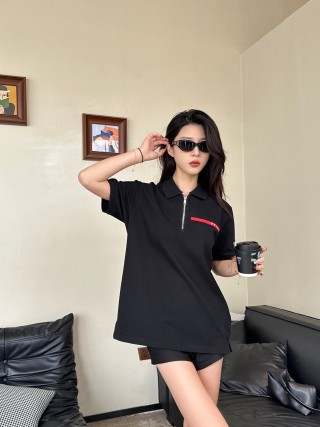 Black Oversized Polo Shirt with Red Accent Stripe view 7