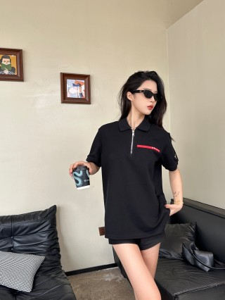 Black Oversized Polo Shirt with Red Accent Stripe view 8
