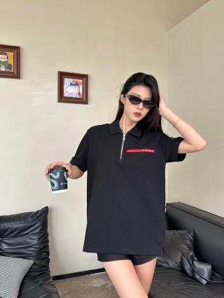 Black Oversized Polo Shirt with Red Accent Stripe view 9