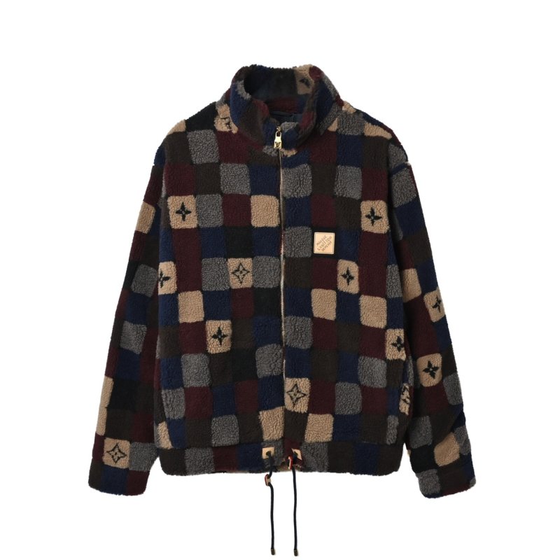 Colorblock Patchwork Fleece Jacket - Navy/Burgundy/Tan view