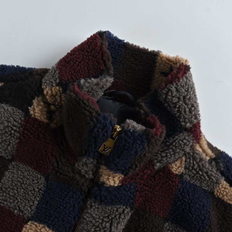 Colorblock Patchwork Fleece Jacket - Navy/Burgundy/Tan view