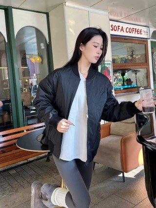 Black Oversized Bomber Jacket with Ribbed Cuffs view 1