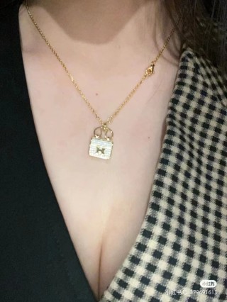 Hermès Crystal Lock Pendant Gold Necklace view 3