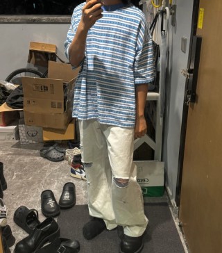 Blue & White Striped Short Sleeve T-Shirt view 2