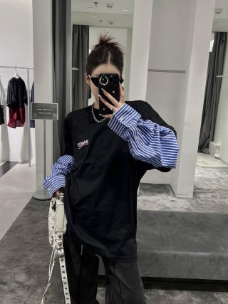 Black Oversized T-Shirt with Blue Striped Puffed Sleeves view 1