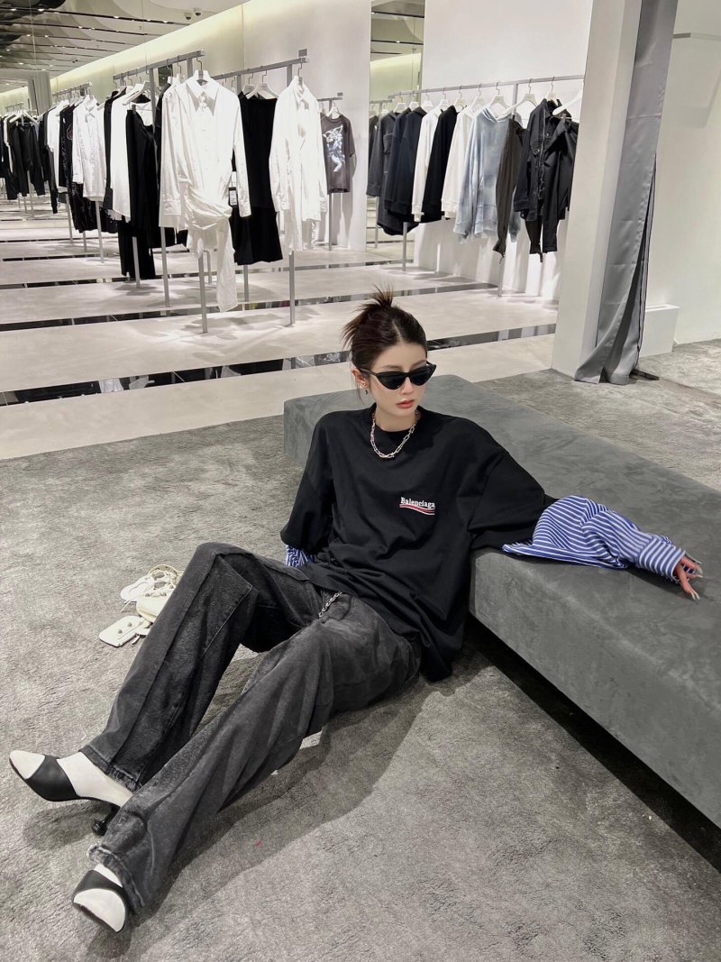Black Oversized T-Shirt with Blue Striped Puffed Sleeves view