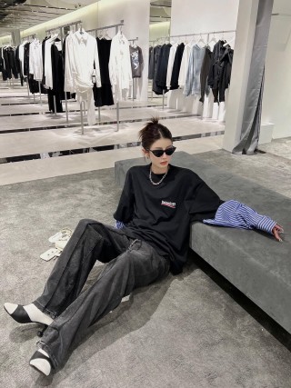 Black Oversized T-Shirt with Blue Striped Puffed Sleeves view 2
