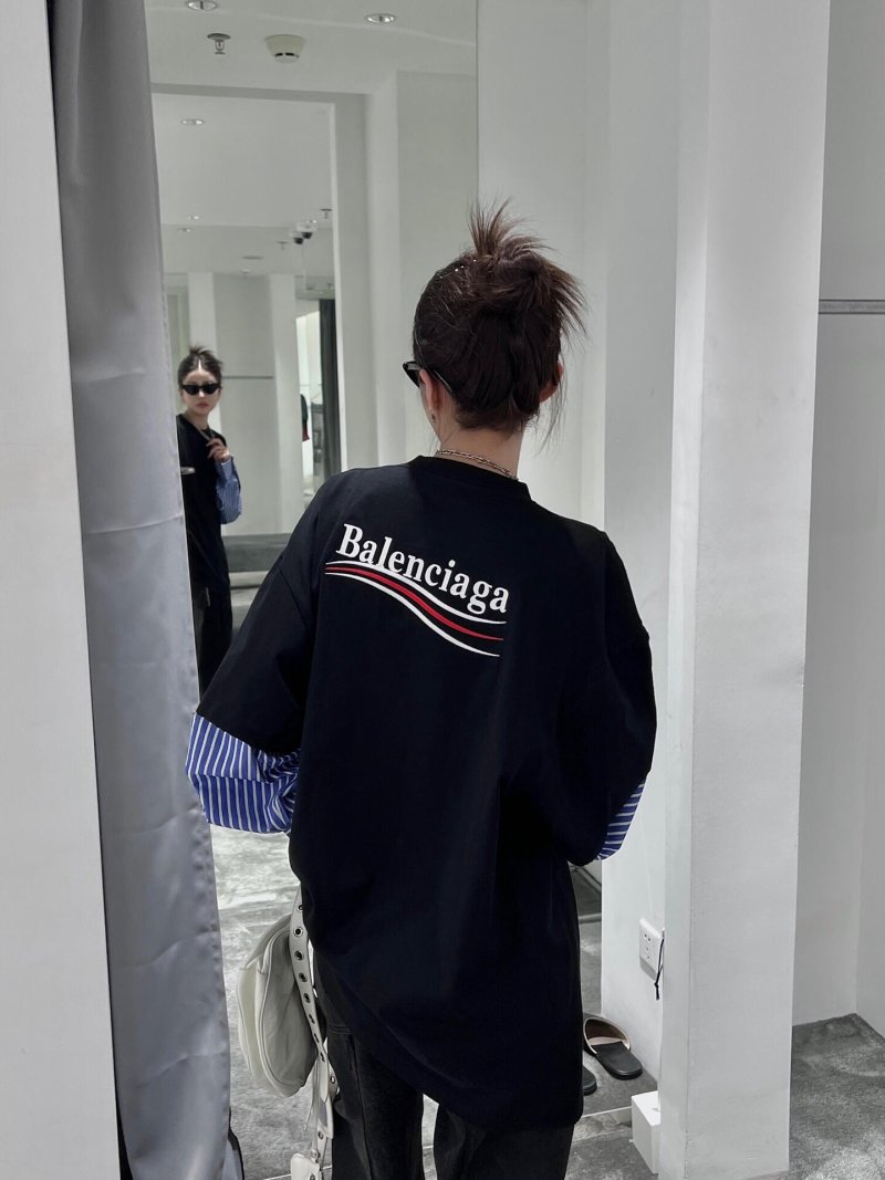 Black Oversized T-Shirt with Blue Striped Puffed Sleeves view