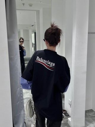 Black Oversized T-Shirt with Blue Striped Puffed Sleeves view 3