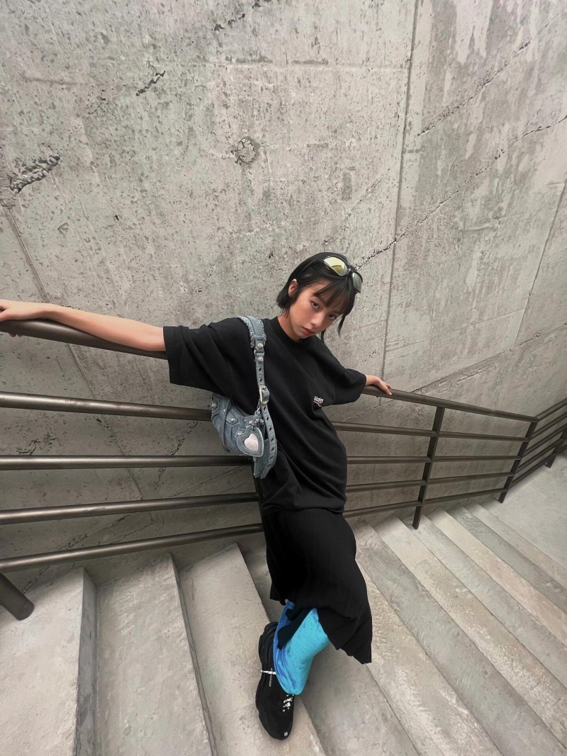 Black Oversized T-Shirt with Blue Striped Puffed Sleeves view