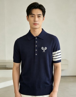 Navy Racket Emblem Polo Shirt with Stripe Sleeves view 1