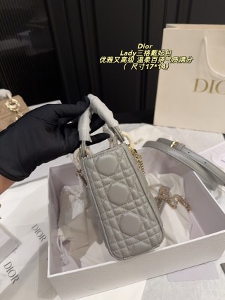 Dior Lady Dior Three-Grid Quilted Tote Pearl Grey view 3