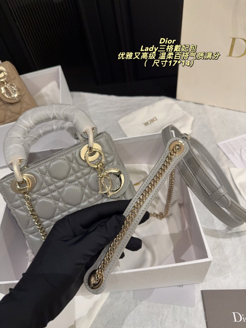 Dior Lady Dior Three-Grid Quilted Tote Pearl Grey view