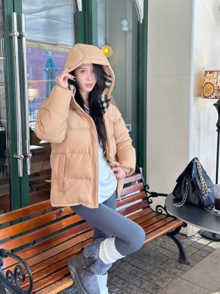 Beige Puffer Down Jacket with Hood view 1