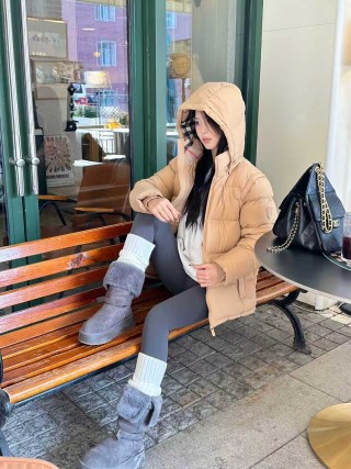 Beige Puffer Down Jacket with Hood view 3