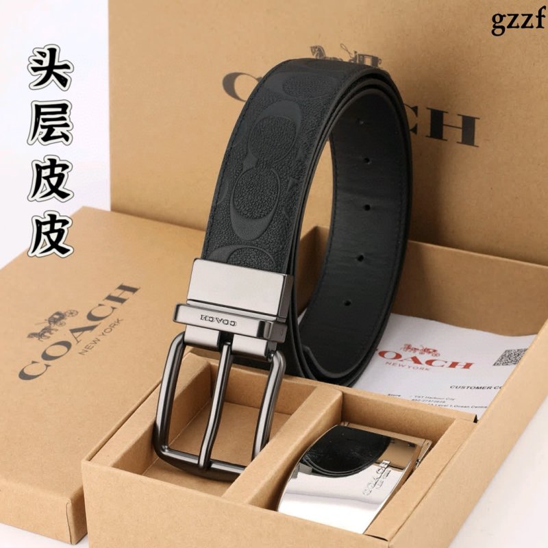 Coach Signature Black Leather Belt with Silver Buckle