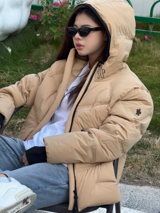 Beige Puffer Down Jacket with Hood view 3
