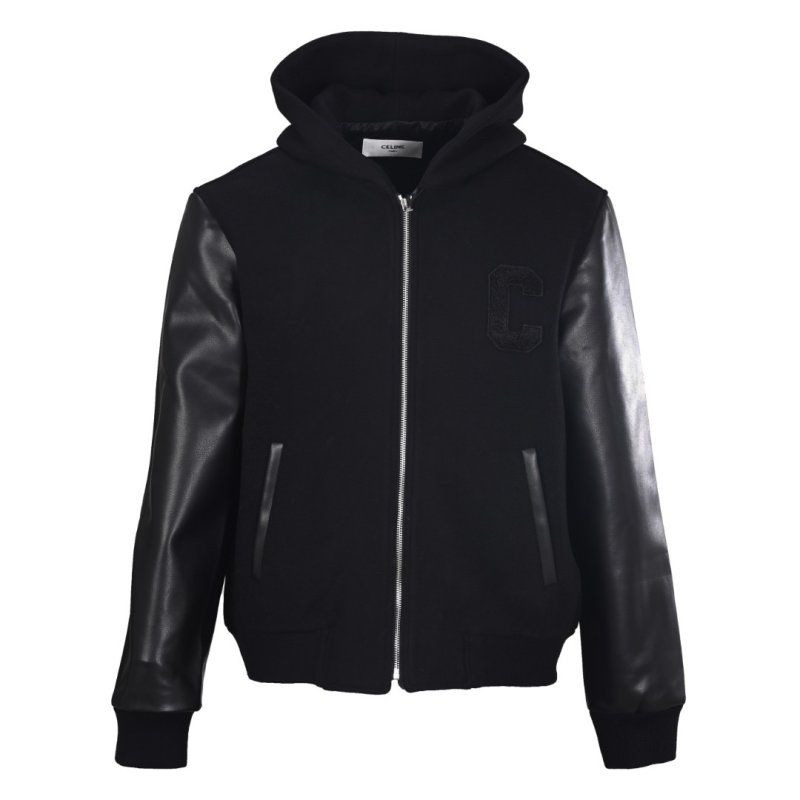 Essentials Black Wool Leather Sleeve Bomber Jacket view