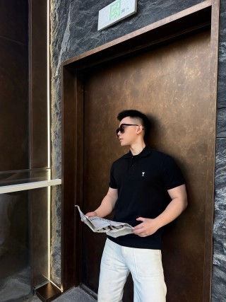 Black Short Sleeve Polo T-Shirt with Minimalist Embroidery view 3