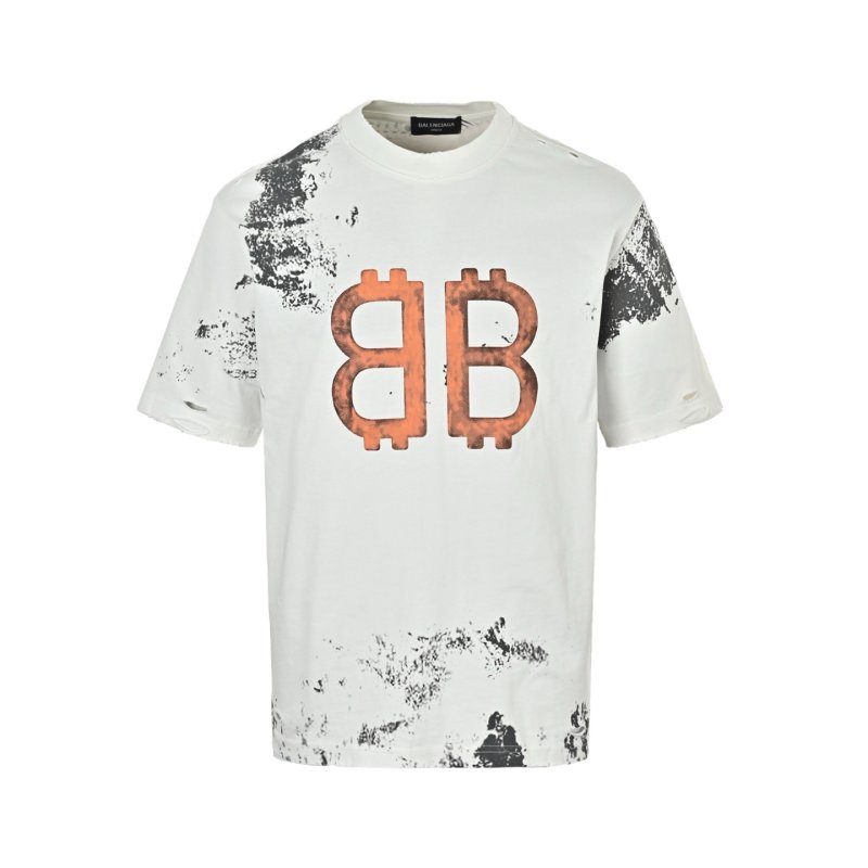 White Oversized Graphic T-Shirt with Orange BB Logo & Distressed Details view