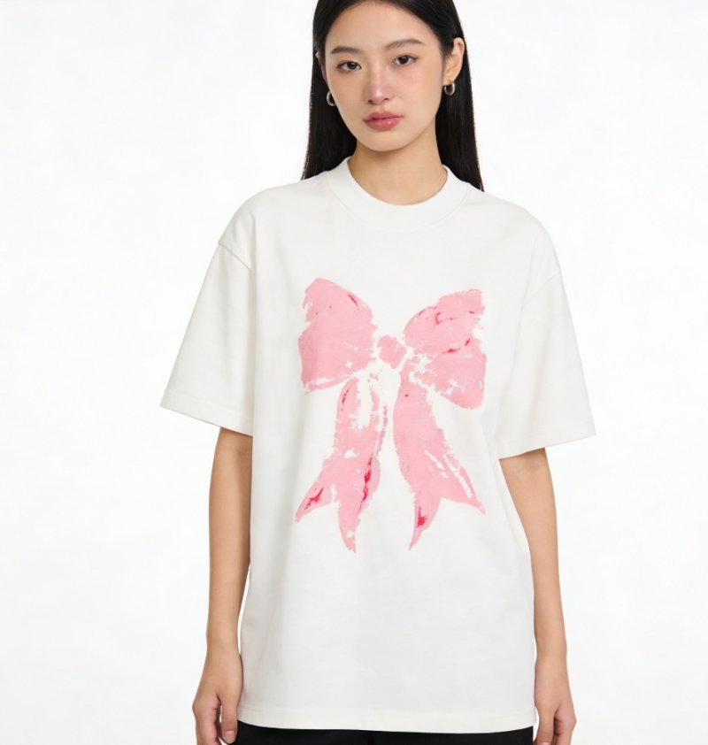 White Oversized T-Shirt with Pink Bow Graphic