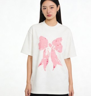White Oversized T-Shirt with Pink Bow Graphic view 1