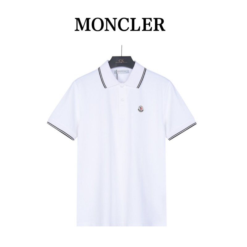 Moncler White Polo Shirt with Striped Trim