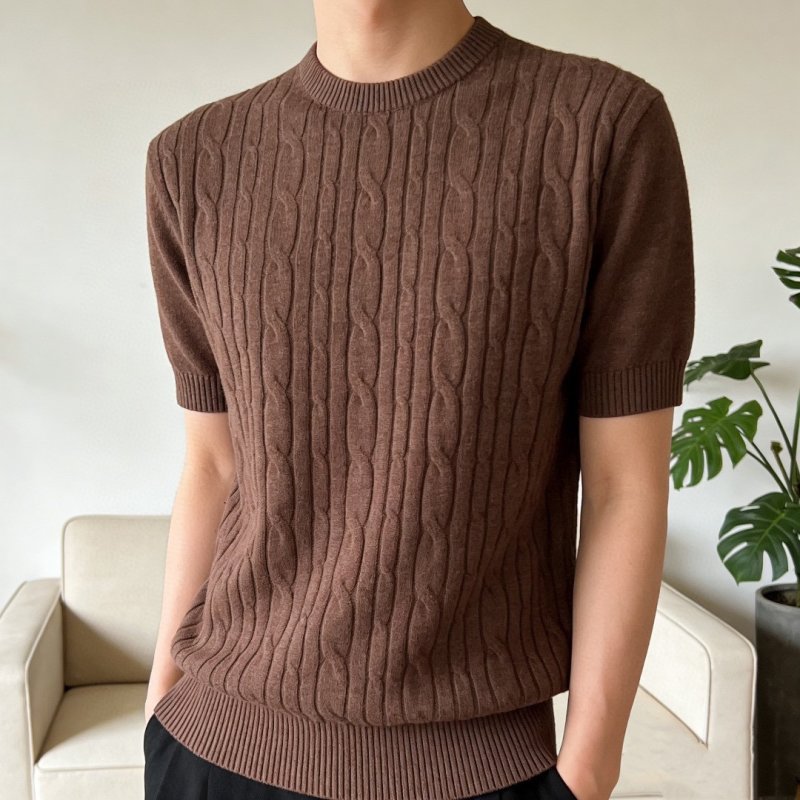Brown Cable Knit Short Sleeve Crew Neck Sweater