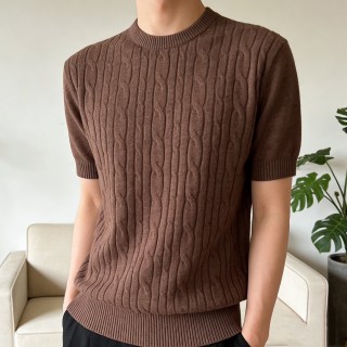 Brown Cable Knit Short Sleeve Crew Neck Sweater view 1
