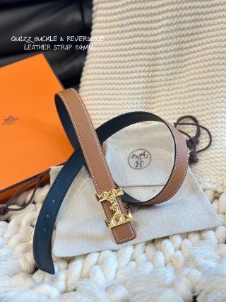 Hermès Quizz Party Buckle Reversible Leather Belt Tan/Black view 3