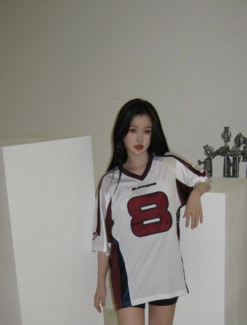 Oversized Mesh Sports T-Shirt White Red Number 8