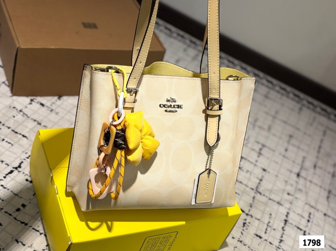 Coach Mollie Cream Leather Tote Bag with Yellow Charm