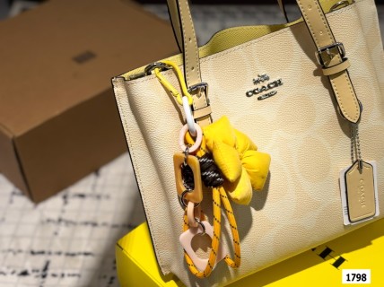 Coach Mollie Cream Leather Tote Bag with Yellow Charm view 4