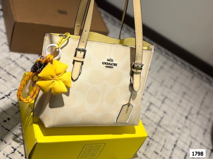 Coach Mollie Cream Leather Tote Bag with Yellow Charm view 8