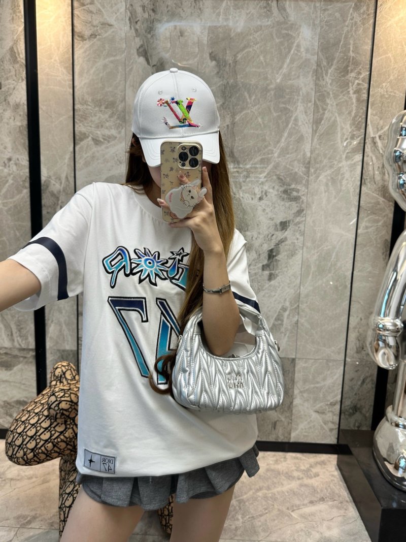 White Graphic Print Short Sleeve T-Shirt with Blue Embroidery