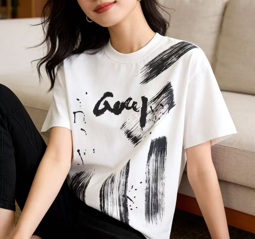 White Graphic Brushstroke T-Shirt with Black Print